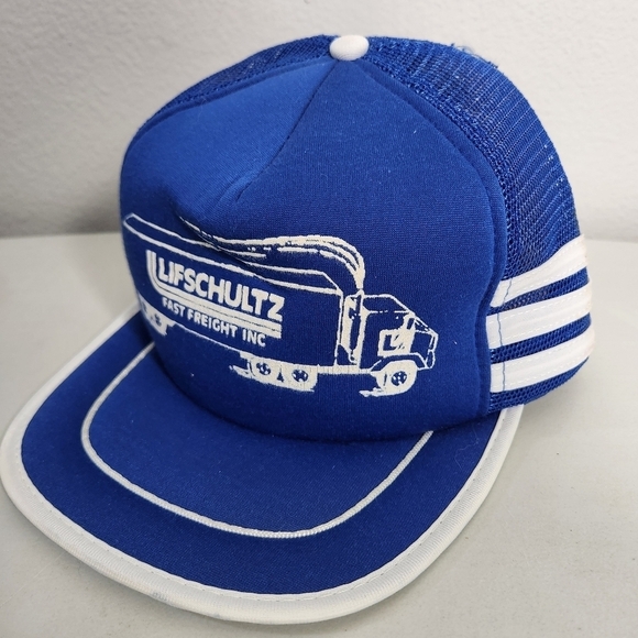 Vintage Lifschultz Freight Blue and White Three Stripe Snapback Trucker Hat - Picture 4 of 8